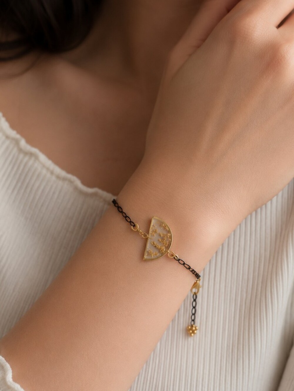 Handcrafted Golden Resin Half Moon  Bracelet With Gold Leaf